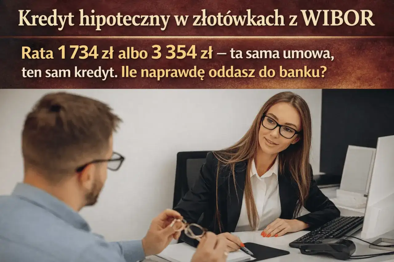 Kobieta i mężczyzna przy biurku, dyskusja o kredycie hipotecznym. Wibor 3m prognozy raty 1734 zł lub 3354 zł.