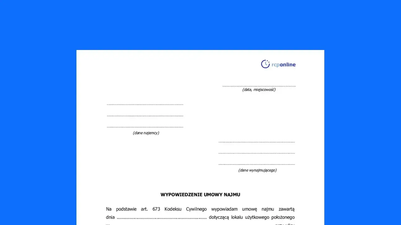 Formularz wypowiedzenie umowy najmu z danymi najemcy i wynajmującego.