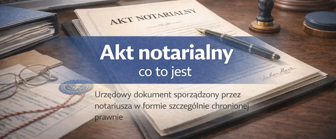 Akt notarialny, jak darowizna od brata, to urzędowy dokument sporządzony przez notariusza. Na biurku leży też pieczęć i okulary.