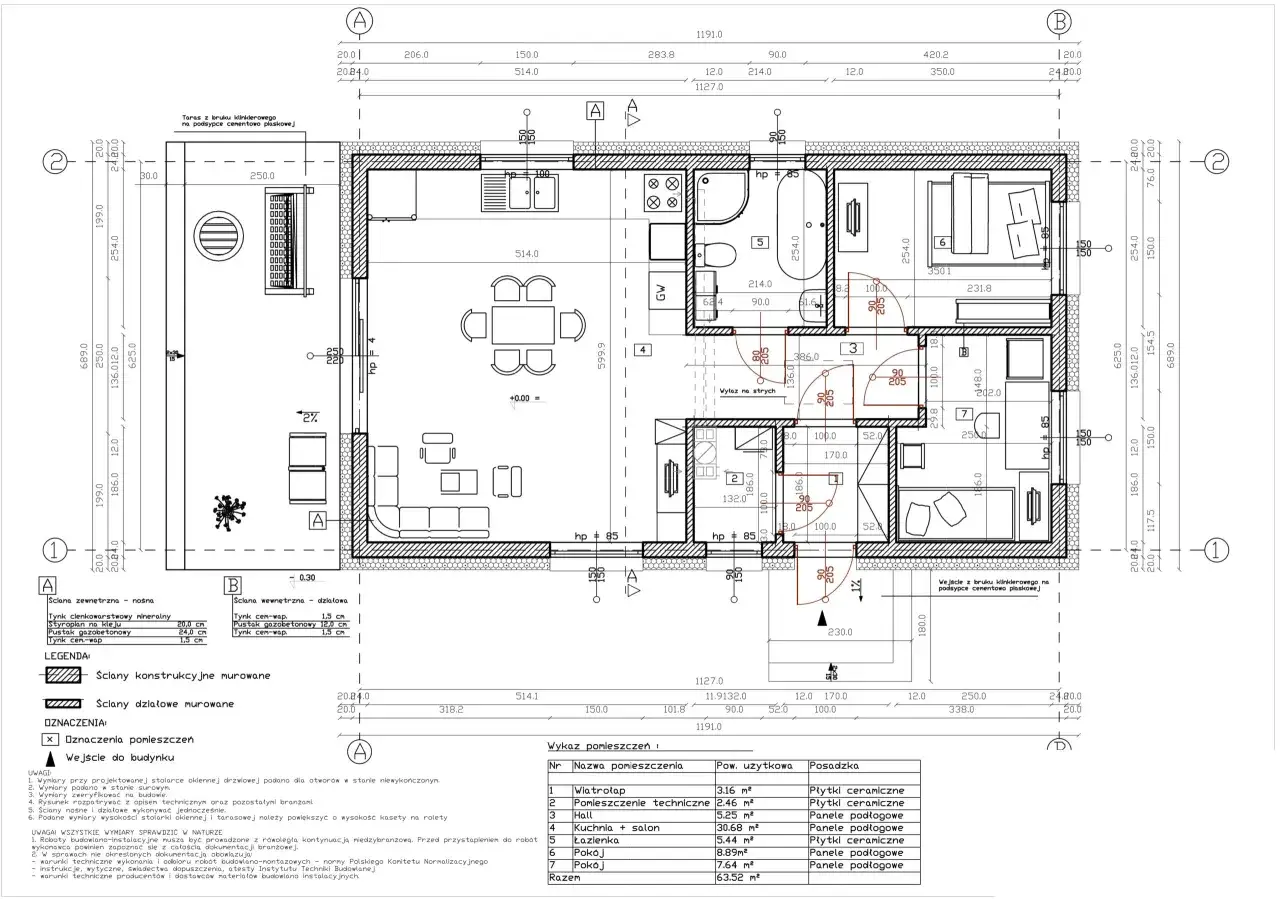 Projekt domu do 70m2: rzut parteru z salonem, kuchnią, łazienką i dwoma pokojami.