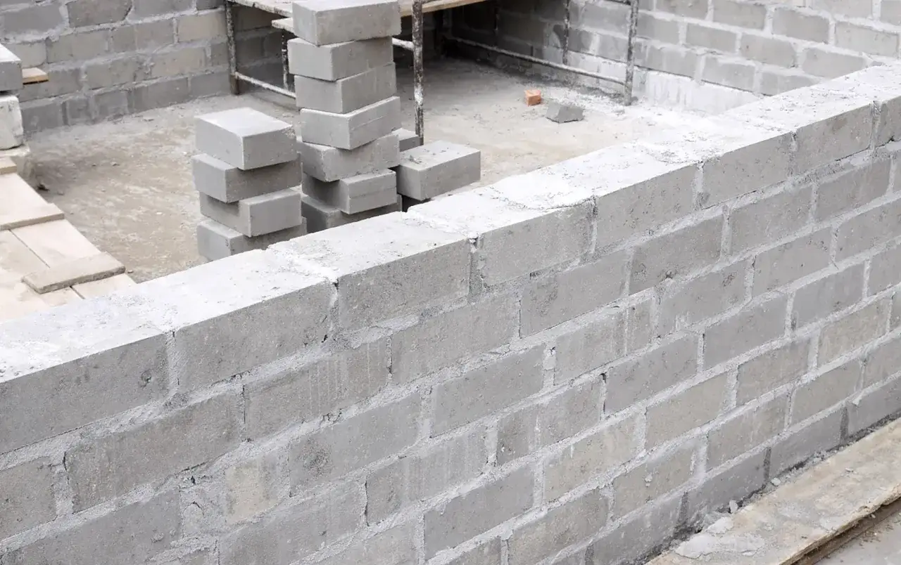 Budowa domu w toku. Stos szarych bloczków betonowych czeka na użycie. Wymiary bloczków są standardowe.