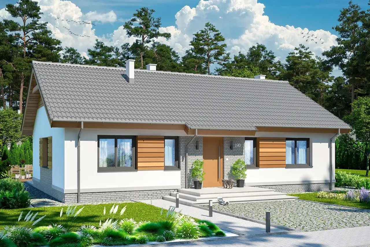 Nowoczesny, parterowy dom z drewnianymi elementami. Idealne projekty domów prostych i tanich w budowie, z pięknym ogrodem.