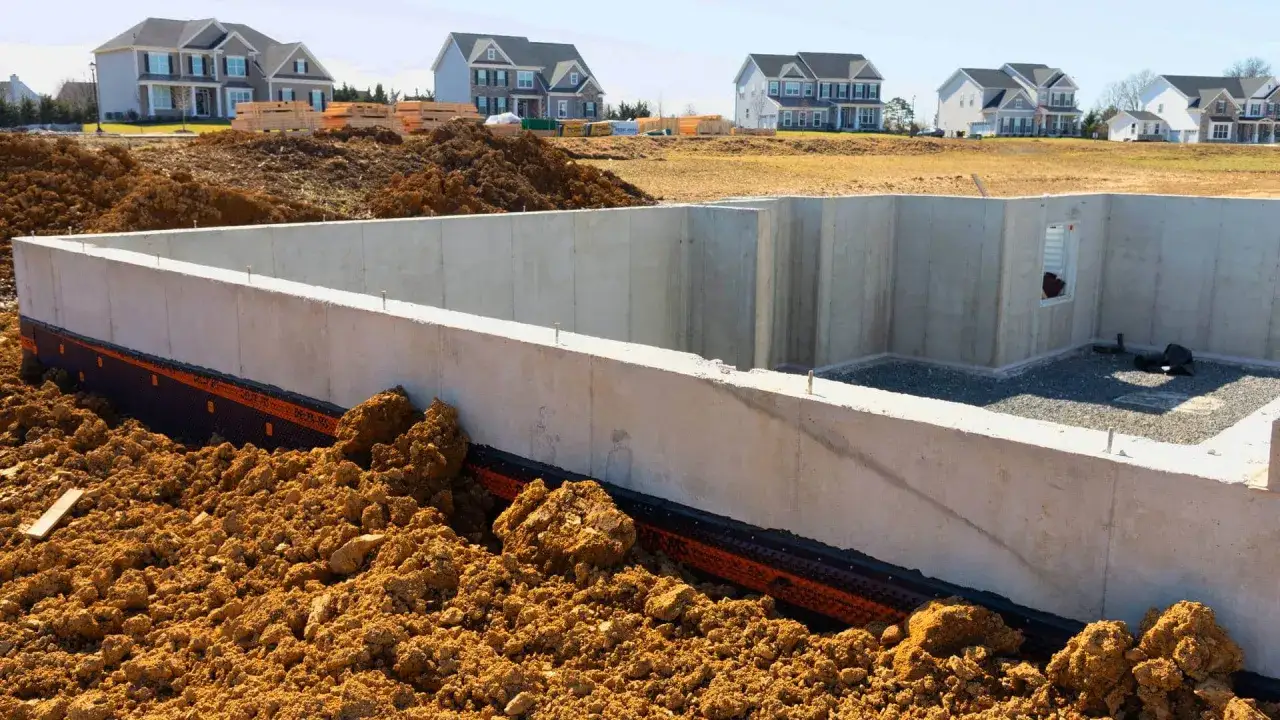 Fundament domu w budowie. Beton B25 cena za m3 jest kluczowa dla tej inwestycji. W tle nowe domy.
