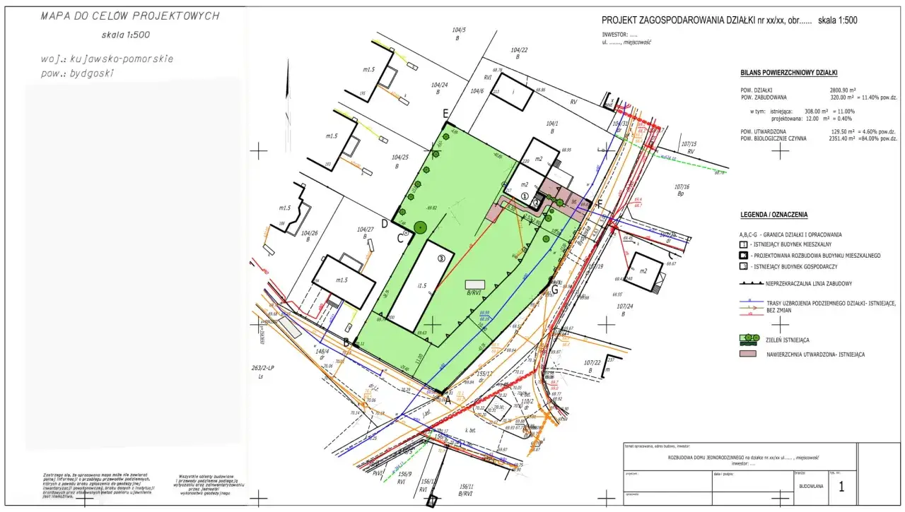 Mapa do celów projektowych z zaznaczonymi granicami działek, budynkami i liniami zabudowy, zgodna z miejscowym planem zagospodarowania przestrzennego.