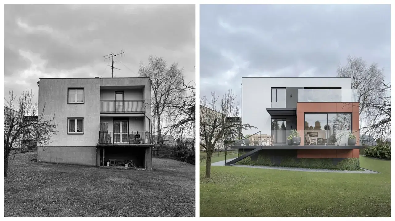 Przed i po: metamorfoza elewacji domów z lat 70-tych. Z szarego bloku w nowoczesną, kolorową bryłę z tarasem.