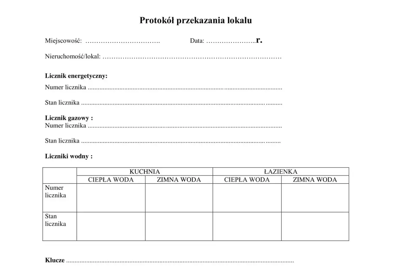 Protokół przekazania lokalu, zawiera pola na dane wynajmującego, liczniki (energetyczny, gazowy, wodne w kuchni i łazience) oraz klucze.