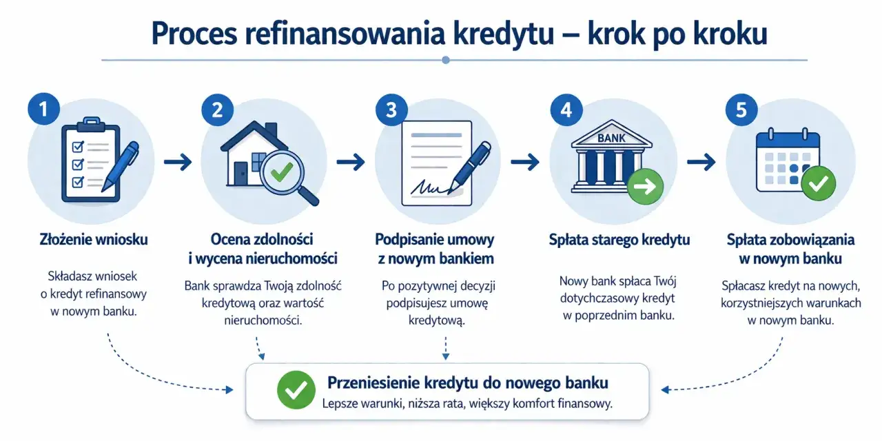 Proces refinansowania kredytu hipotecznego krok po kroku: złożenie wniosku, ocena zdolności, podpisanie umowy, spłata starego kredytu, spłata zobowiązania w nowym banku.