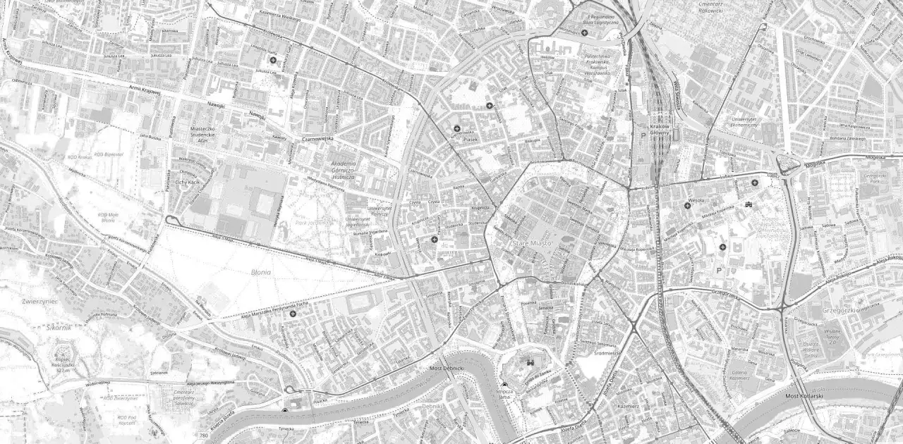 Mapa Krakowa z zaznaczonymi ulicami i budynkami. Można tu znaleźć numer księgi wieczystej po adresie, np. przy ul. Piastowskiej.