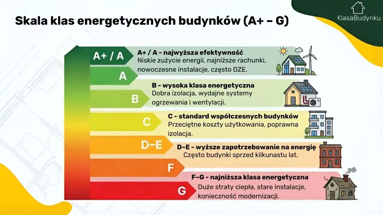 Skala klas energetycznych budynków od A+ do G. Najwyższa klasa to A+/A, najniższa F-G.