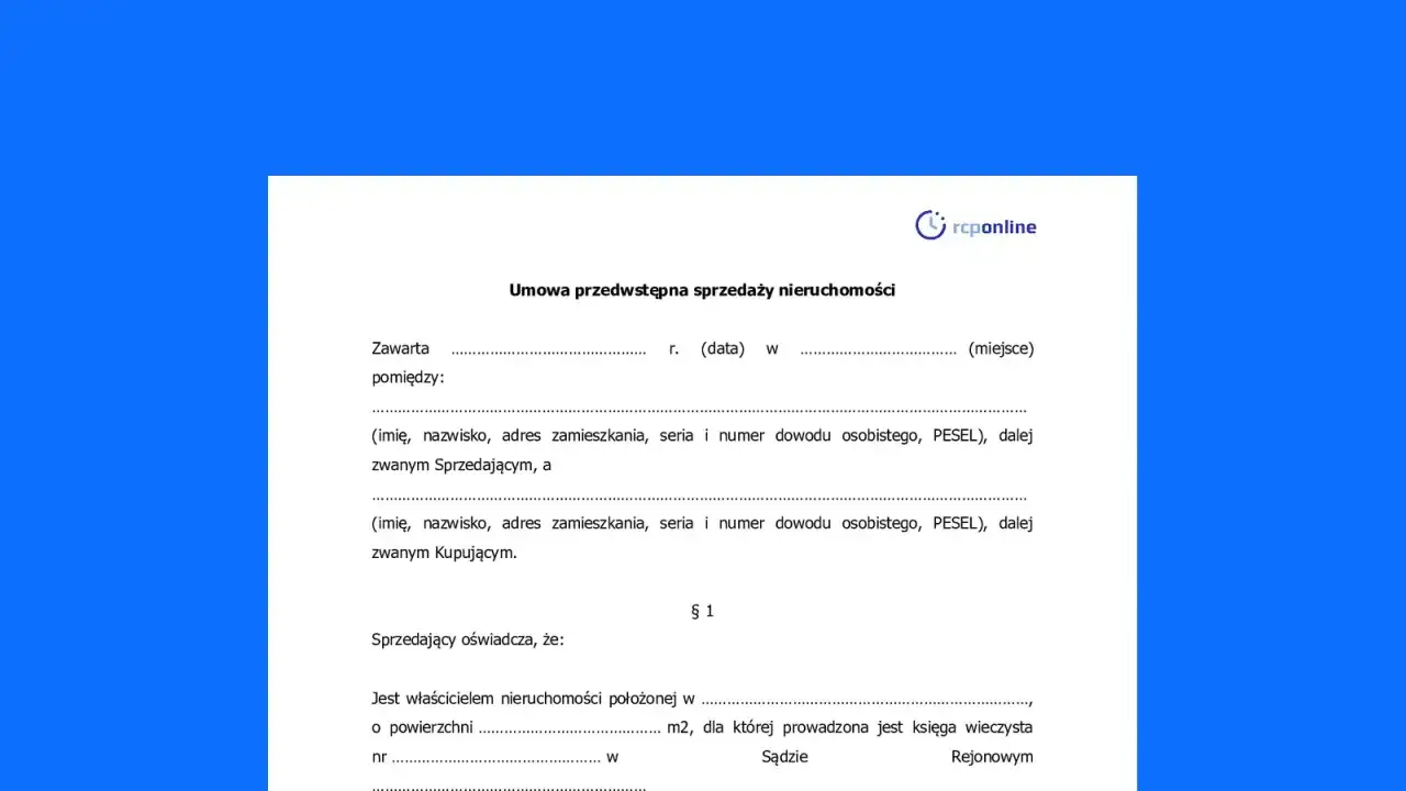 Umowa przedwstępna sprzedaży nieruchomości zawiera dane sprzedającego i kupującego, powierzchnię nieruchomości oraz numer księgi wieczystej.