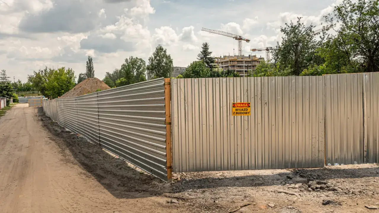 Metalowy płot otacza plac budowy. W tle widać dźwigi i budynki wznoszone na tym placu.