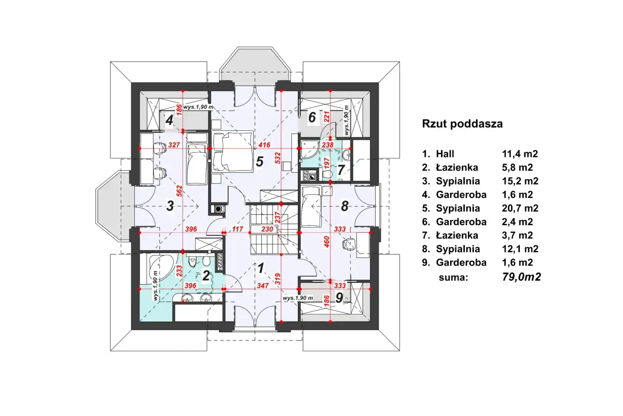 Rzut poddasza z podziałem na pomieszczenia: hall, 2 łazienki, 3 sypialnie, 3 garderoby. Całkowita powierzchnia użytkowa 79 m².