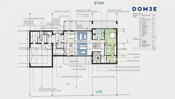 Projekt architektoniczno budowlany domu z tarasem i ogrodem. Widok piętra z pokojami i łazienkami.