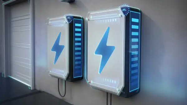Dwa nowoczesne magazyny energii z niebieskimi błyskawicami i wskaźnikami naładowania. Sprawdź magazyn energii cena i zainwestuj w przyszłość.