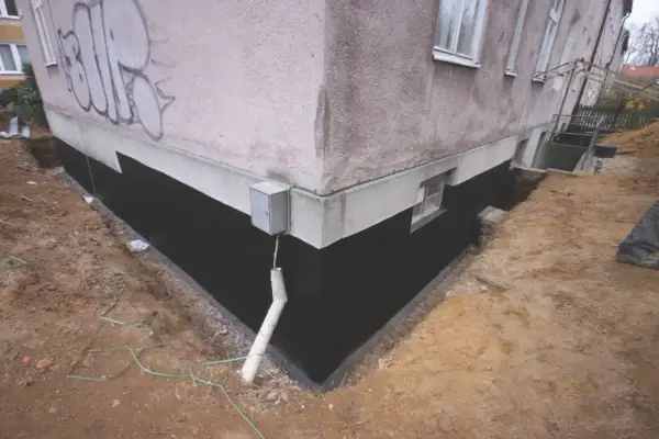 Prace przy izolacji fundamentów w starym domu. Czarna izolacja chroni ścianę przed wilgocią, a wykop odsłania jej dolną część.
