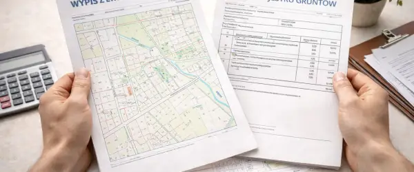 Ręce trzymają wypis i wyrys z rejestru gruntów. Obok leży kalkulator. Dokumenty zawierają mapę działek i tabelę z danymi.