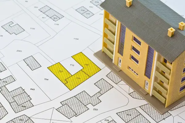 Model budynku mieszkalnego na mapie działek. Żółte pola wskazują obszar, który może być objęty podatkiem katastralnym.