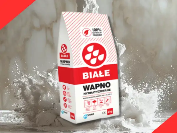 Białe wapno budowlane w worku, otoczone chmurą pyłu. Idealne do prac remontowych.