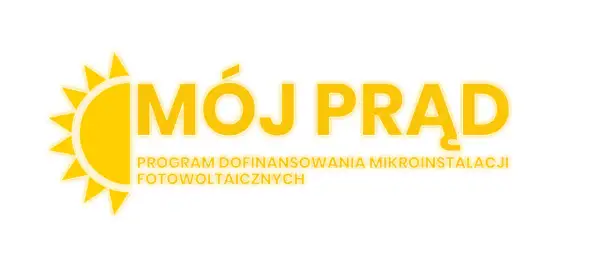 Logo programu "Mój Prąd" z symbolem słońca i napisem "PROGRAM DOFINANSOWANIA MIKROINSTALACJI FOTOWOLTAICZNYCH".