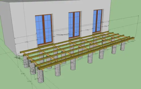 Projekt tarasu z widocznymi legarami i wymiarami. Konstrukcja opiera się na betonowych słupkach.