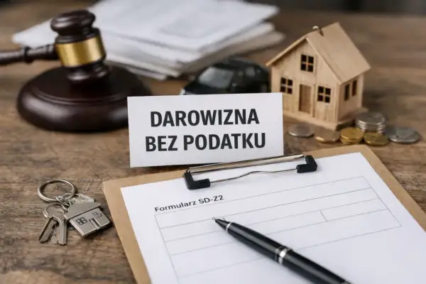 Klucze do domu, mały domek, monety i dokumenty sugerują, że chodzi o podatek od darowizny w rodzinie.