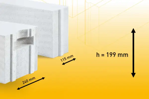 Ytong wymiary: bloczki z widocznymi oznaczeniami grubości 115 mm i 240 mm, wysokość 199 mm.