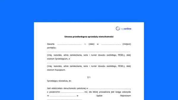 Umowa przedwstępna sprzedaży nieruchomości, zawierająca dane sprzedającego i kupującego, powierzchnię działki oraz numer księgi wieczystej.