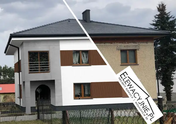 Nowa, nowoczesna elewacja frontowa domu po remoncie. Po lewej wizualizacja, po prawej stan przed.