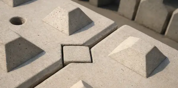 Betonowe elementy, jak wielka płyta, tworzą geometryczny wzór. Widać otwór i piramidki.