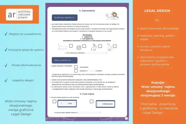 Graficzna wersja umowy najmu okazjonalnego, z intuicyjnymi opcjami wyboru i prostymi sformułowaniami.