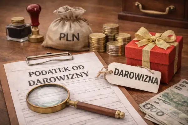 Dokument "Podatek od darowizny" obok prezentu, monet i pieniędzy sugeruje, ile wynosi podatek od darowizny.
